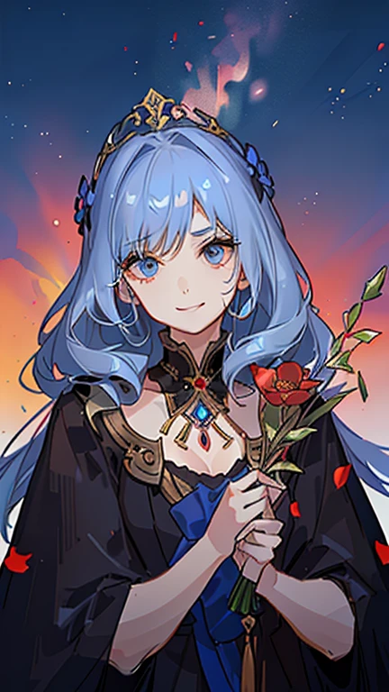 (high-quality, breathtaking),(expressive eyes, perfect face) 1girl, female, solo, adult, medium length hair, pale blue hair color, multicolored hair, glowing hair, red and black strands in hair, loose hair, wavy hair, curly hair, red blue eyes, soft expression, black cloak, white shirt, fantasy mage clothing, Goddess of Underworld and Hatred, space background, portrait, upper body, magic, mum vibe, smile, Ancient Roman Clothing, Ancient Greek Clothing, soft makeup, 1 Poppy Flower, age 40, Hades Inspired, Shield background, jewellery
