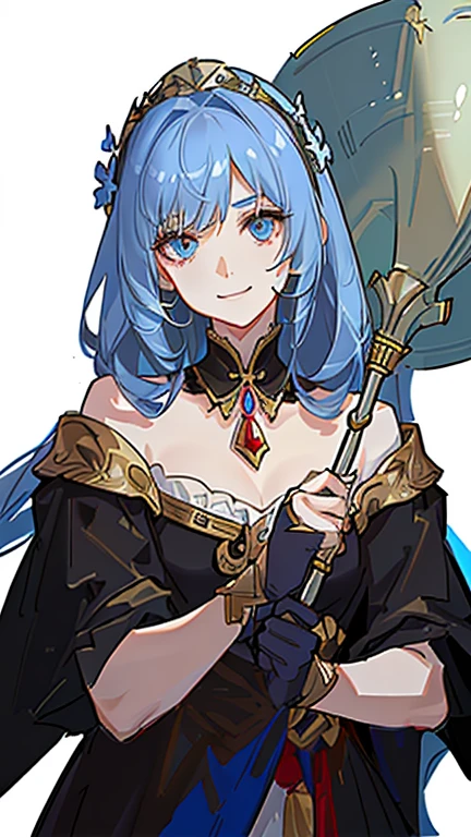 (high-quality, breathtaking),(expressive eyes, perfect face) 1girl, female, solo, adult, medium length hair, pale blue hair color, multicolored hair, glowing hair, red and black strands in hair, loose hair, wavy hair, curly hair, red blue eyes, soft expression, black cloak, white shirt, fantasy mage clothing, Goddess of Underworld and Hatred, space background, portrait, upper body, magic, mum vibe, smile, Ancient Roman Clothing, Ancient Greek Clothing, soft makeup, 1 Poppy Flower, age 40, Hades Inspired, Shield background, jewellery
