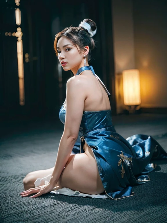 (((Fallen and lying))),"(Exquisitely drawn CG Unity 8k wallpaper, Masterpiece quality with stunning realism), (Best lighting, Best Shadow), (highest quality), (Elegant and devilish style:1.2), Artistic modern anime. Diagonal view, A close-up full-body portrait of a stunningly beautiful mature Chun-Li from Street Fighter。 ((Dark brown hair:1)), ((White lace-up boots:.5)), Dynamic pose, (Blue Chinese Dress:1.5), Great body, in china at night with neon lights, Shy and timid、Frivolous、sexy、Cute expression, the body is slim, Very decorative and detailed, Brown see-through pantyhose, Depth of field blur effect, night, Full Zoom, Action Portrait, Realistic. Cinema Lighting, Very detailed. highest quality, 4K, Better Hands, Perfect Anatomy, Shortening effect, Shy and timidsexyな表情, Your legs look short, (Sharp Eye:0.8), Surrounded by an ominous and dark atmosphere, Dramatic and striking lighting accents, Surreal fantasy feel". (Wearing white laced military boots:1), (night:1), (Side view:.5), (Lifted my butt:1), (metal spike bracelet:1), (Leaning forward:1), (White ribbon flowing from the hair bun:1.5) (Front view:1)