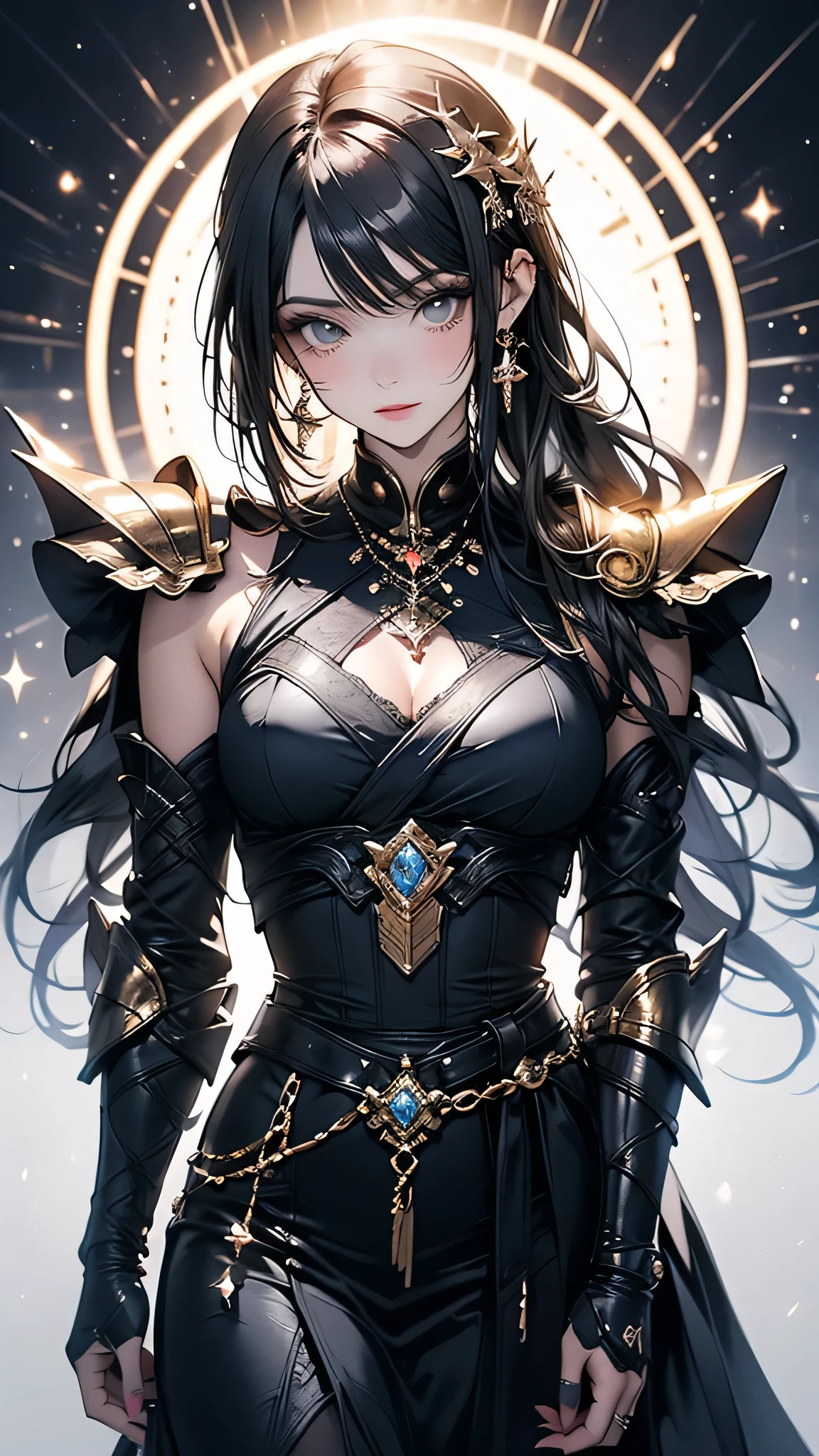 Seraphina is tall and athletically built., with pale skin that contrasts with her wavy black hair that falls to her shoulders. His eyes are a deep amber color., almost hypnotic, and they seem to glow with an inner light when in danger or in combat. He has a cross-shaped scar on his left cheek., a reminder of his first encounter with demons. Her clothing is practical but intimidating.: He wears a long black leather coat that conceals light armor and is adorned with ancient symbols of protection.