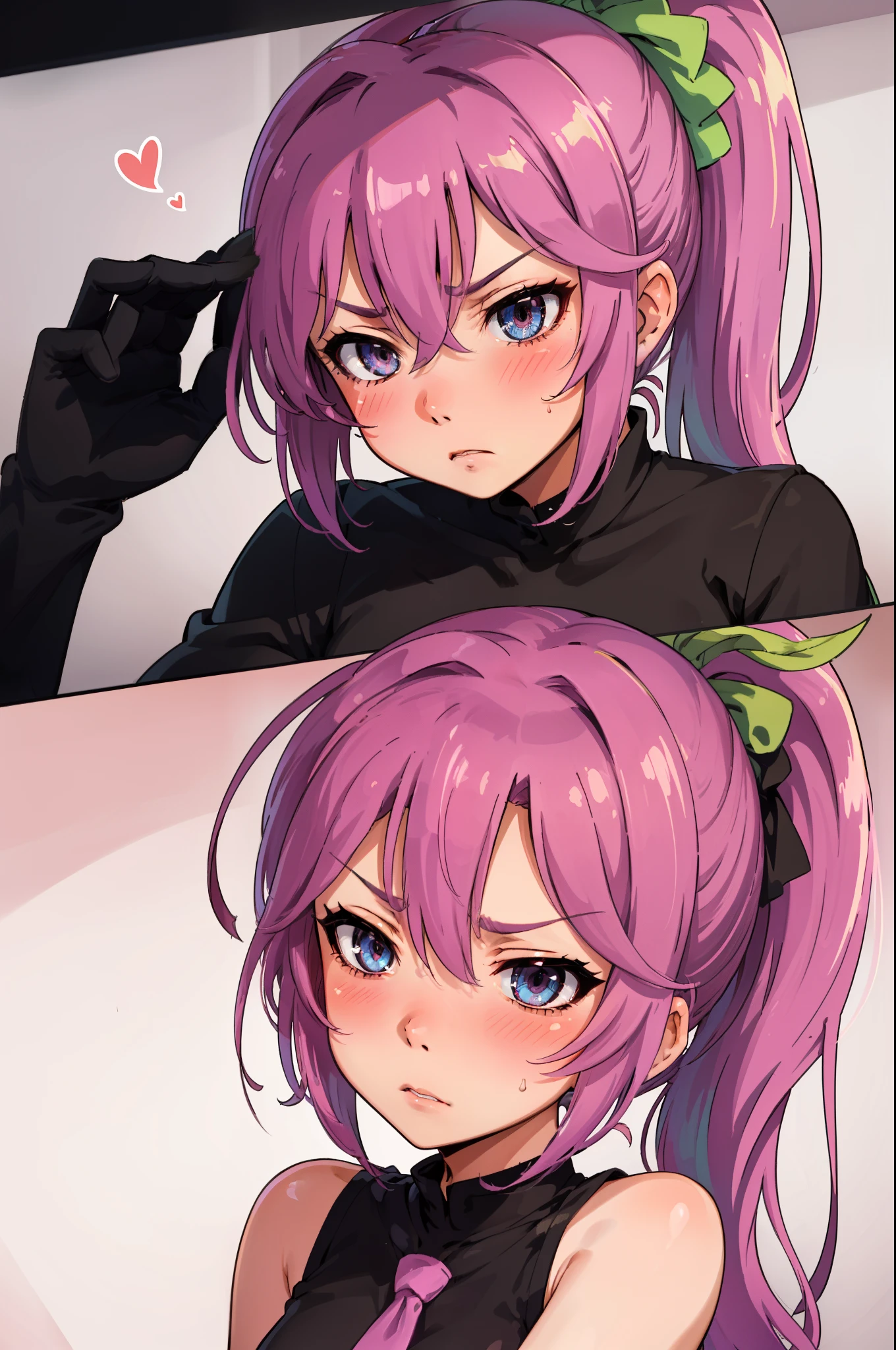 Jibril, (standing), blushed, perfect anatomy, detailed eyes, detailed lips, extremely detailed eyes and face, vivid colors, sharp focus, masterpiece:1.2, ultra-detailed, blushed, ((doggystyle)), (solo), ((tie)), sleeveless, ((((ponytail)))), (((disdain, disgust))), story, (((charecter sheet))).