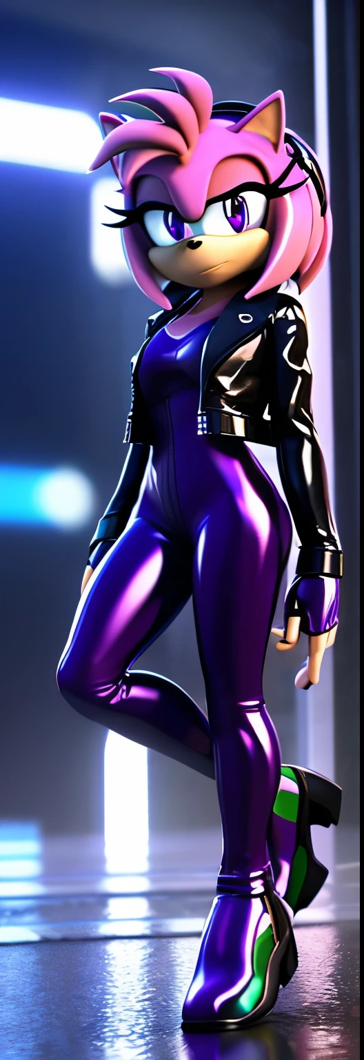 Solo, 1girl, full body image, rendered in SFM, ((sonic oc:1)), from sonic, high detail iconic character, in the new action-movie sonic, cyberpunk city, official render, 3d render official art, toon shader, ((female)), (((purple hedgehog:1))), ((shiny)) (purple fur:1.0), (((Amy rose style quills))), (((metallic purple eyeliner))) ((deep purple eyes:1.5)), ((calm neutral expression)), ray trace 4 k, ray trace 4k, (((metallic purple latex bodysuit))), (((leather jacket))), ((fingerless gloves:0.9))