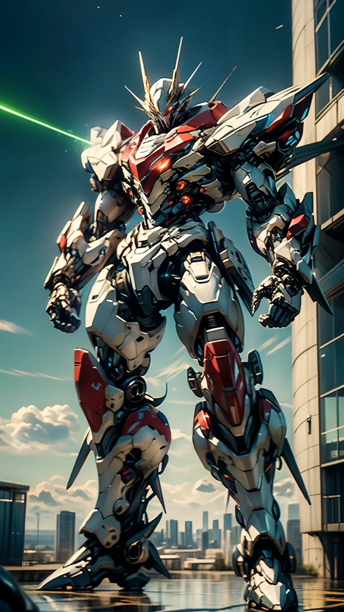 Humanoid Mecha, fully enclosed shoulder guards, matching arm and leg guards, full body, full armor, the design balances heavy with agility, (the color scheme is primarily white with red and blue accents, the concept Inspired by Super robot, organic biotech armor, standing, floating high above the futuristic sci-fi city), exquisite and mature art style, (aura effect, energy, glowing eyes, the armor glows), ((SRS)), metallic, dynamic, dramatic, high definition, best quality, highres, ultra-detailed, ultra-fine painting, extremely delicate, professional, perfect body proportions, anatomically correct, symmetrical face, extremely detailed eyes and face, high quality eyes, creativity, RAW photo, UHD, 32k, Natural light, cinematic lighting, masterpiece-anatomy-perfect, masterpiece:1.5