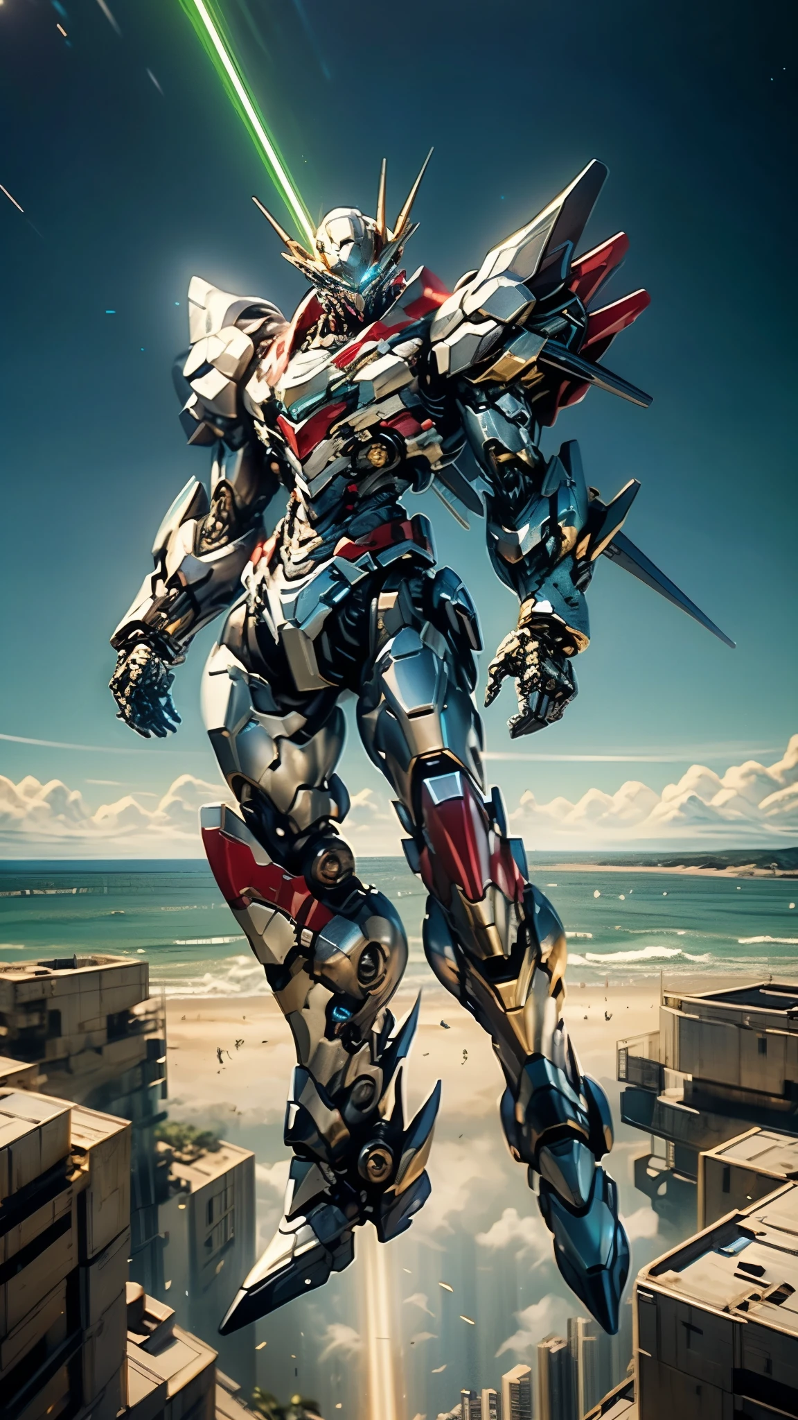 Humanoid Mecha, fully enclosed shoulder guards, matching arm and leg guards, full body, full armor, the design balances heavy with agility, (the color scheme is primarily white with red and blue accents, the concept Inspired by Super robot, organic biotech armor, standing, floating high above the futuristic sci-fi city), exquisite and mature art style, (aura effect, energy, glowing eyes, the armor glows), ((SRS)), metallic, dynamic, dramatic, high definition, best quality, highres, ultra-detailed, ultra-fine painting, extremely delicate, professional, perfect body proportions, anatomically correct, symmetrical face, extremely detailed eyes and face, high quality eyes, creativity, RAW photo, UHD, 32k, Natural light, cinematic lighting, masterpiece-anatomy-perfect, masterpiece:1.5