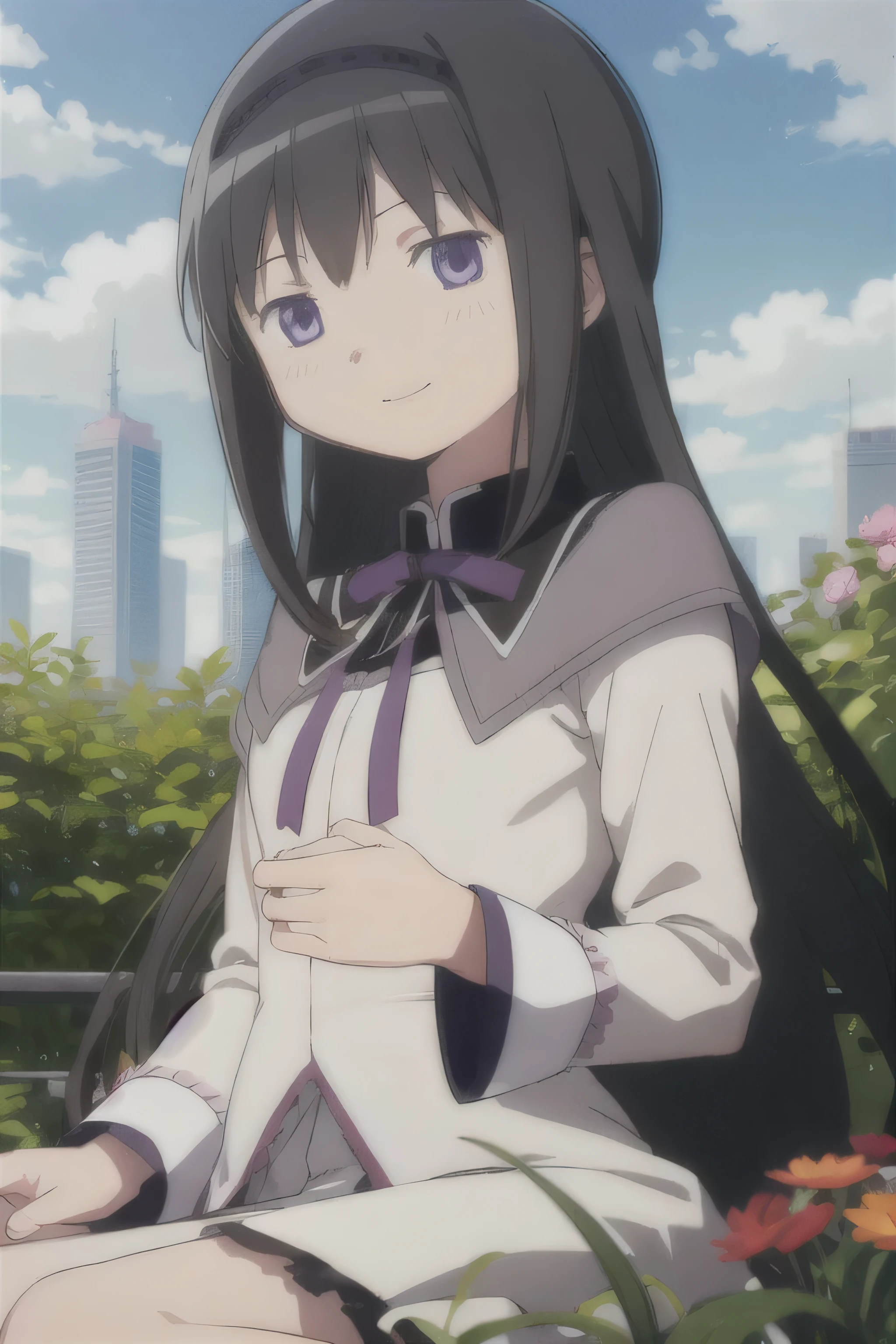 looking down!!,One girl, alone, masterpiece, highest quality, Purple ribbon, mahou shoujo madoka magica, akemi homura, Homura Akemi, Purple eyes, tsurime, Black Hair, Long Hair, Straight hair, hair band, black hair band, Magical girl, shirt, white shirt, Long sleeve, Capelet, purple Capelet, Neck ribbon, Small breasts,, View Viewer, blush, smile, Lips parted, Outdoor, garden