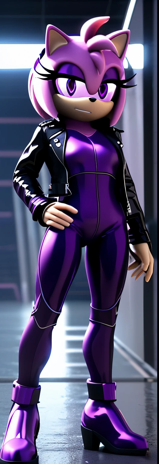 Solo, 1girl, full body image, rendered in SFM, ((sonic oc:1)), from sonic, high detail iconic character, in the new action-movie sonic, cyberpunk city, official render, 3d render official art, toon shader, ((female)), (((purple hedgehog:1))), ((shiny)) (purple fur:1.0), (((Amy rose style quills))), (((metallic purple eyeliner))) ((deep purple eyes:1.5)), ((calm neutral expression)), ray trace 4 k, ray trace 4k, (((metallic purple latex bodysuit))), (((leather jacket))), ((fingerless gloves:0.9))