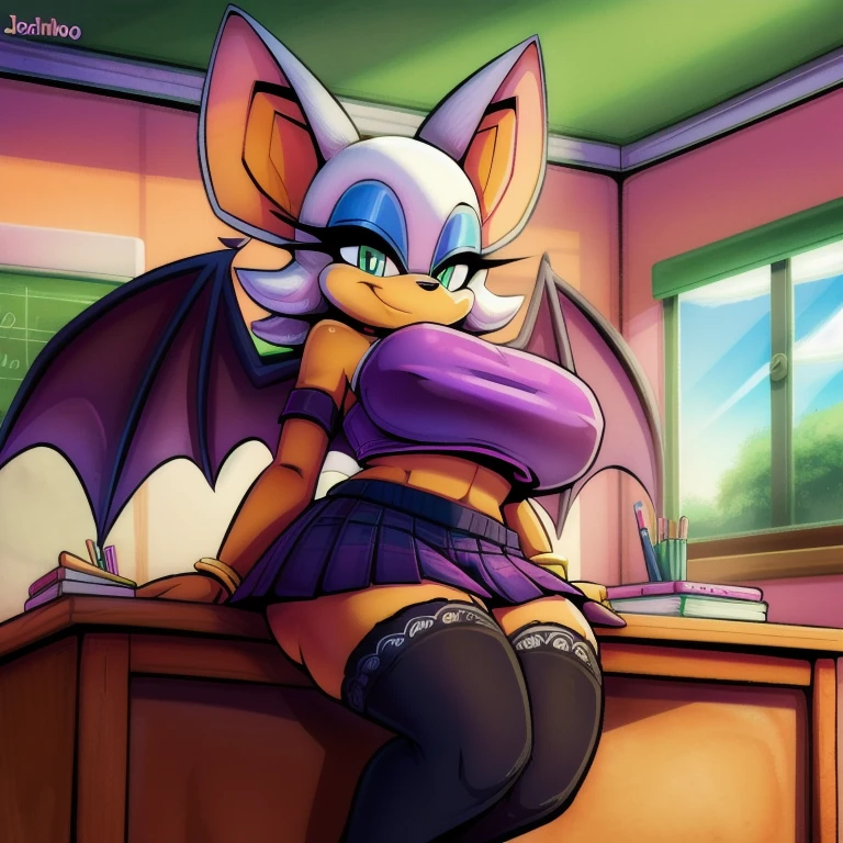(uploaded on e621), (((by joelasko, by marthedog, by senshion))), detailed background, detailed, perfect hands, 5 fingers,  ((ultradetailed, highest quality, 8k uhd, raw photo)), (full body shot, masterpiece, best_quality, ultra-detailed, immaculate:1.3), 1girl, solo, breasts, looking at viewer, smile, skirt, large  breasts, thighhighs, animal ears, jewelry, green eyes, white hair, pleated skirt, wings, indoors, bracelet, makeup, bat wings, furry, desk, eyeshadow, furry female, classroom, school desk, animal nose, bat ears, Rouge the bat, sitting on desk, pink crop top,