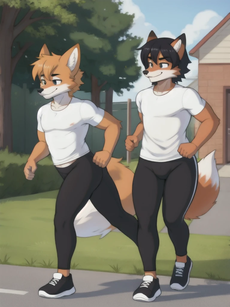 Furry, fox, male, twins, black leggings, white shirt, jogging outside the house, teen