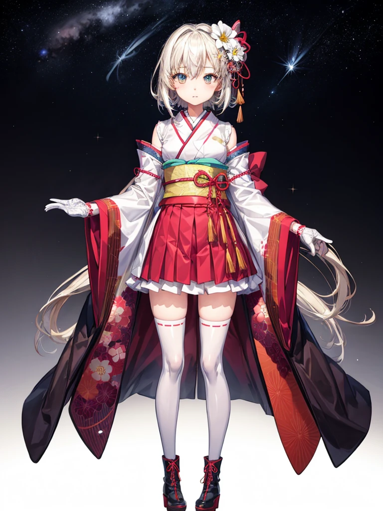 1girl、Standing in front of the viewer、vtuber-fullbody、(masterpiece, highest quality, Intricate details, Ultra-detailed, Very detailed), SF, future, cyber punk, One girl, alone, Cowboy Shot, Milky hair color, Gloves, short hair, Frills, kimono, Hair Flowers, Long Wide Sleeve, kimono, Knee-high boots, zettai ryouiki, universe柄プリント, skirt, Removable sleeves, adjusting 、White simple background、universe、Milky Way、流star群、star、★、