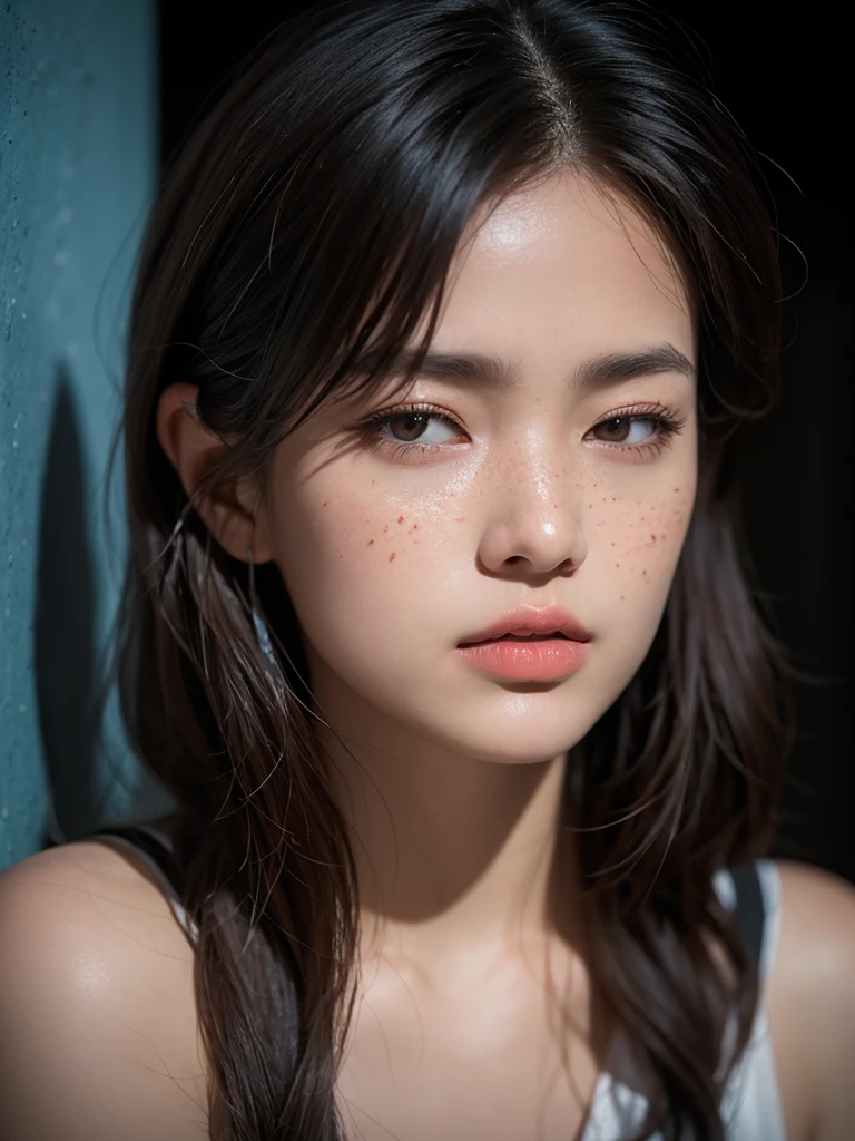 masterpiece, best quality:1.2), (8k uhd, 16k, 32k, ultra high res), (photorealistic:1.37), (RAW photo), ultimate-realistic, ultimate-realistic details, ultimate-realistic texture, ultimate-intricate details, ultimate-realistic lighting, ultimate-realistic shadow, japanese girl, 1girl, 24yo, ultimate-cute face, ultimate-RAW skin, ultimate-eyes, an intense, evocative portrait in the Japanese retro anime style of the 80s and 90s. The scene features a woman bathed in deep blue light, leaning against a wall with her arms raised, eyes closed in a moment of raw emotion. Her attire is minimal, accentuating the curves of her body and the dramatic shadows cast by the lighting. The background is stark, with sharp contrasts highlighting the contours of her form. The blue and black palette intensifies the mood, evoking a sense of mystery and allure. Subtle film grain and meticulous shading add depth and texture, emphasizing the emotional gravity of the scene. The lighting creates a chiaroscuro effect, accentuating her expressive pose and the intense atmosphere, insanely detailed, film grain, Hasselblad X2D 100C + XCD 2,5/25V, F/1.8, (cinematic still:1.2), freckles, 35mm photograph, film, bokeh, professional, 4k, highly detailed, perfect fingers ,Extremely Realistic, UHD,