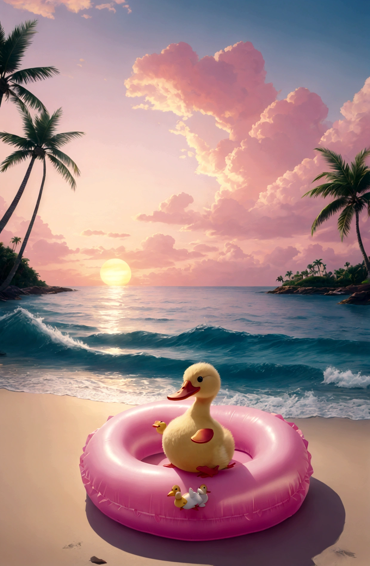Cute duckling in an inflatable ring, beautiful sea, Sunset in pink tones, Against the backdrop of an island with palm trees standard colors of nature the duckling is dancing excitedly
