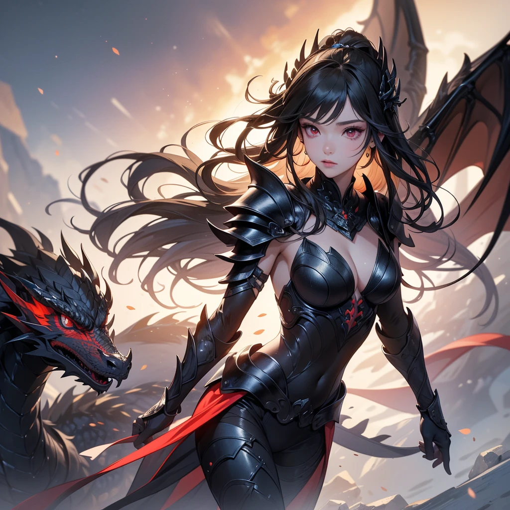 (((masterpiece, best quality, high detailed, 8k))) A breathtakingly beautiful warrior with long, flowing black hair and intense red eyes, wearing a magnificent intricate (black dragon+armor). The armor parts should be likedragon parts.