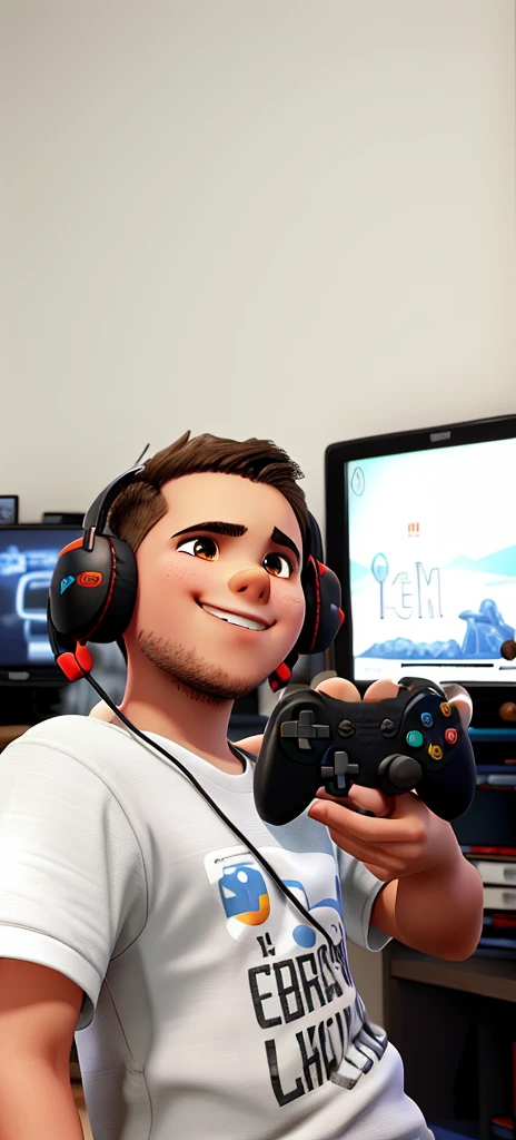 This boy is in a room smiling and looking straight ahead holding a video game controller