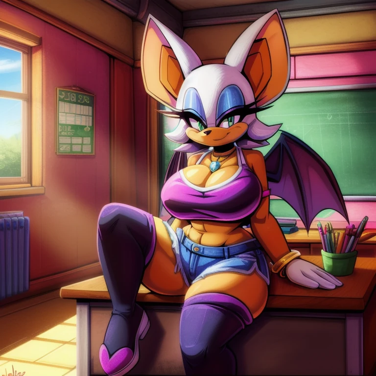 (uploaded on e621), (((by joelasko, by marthedog, by senshion))), detailed background, detailed, perfect hands, 5 fingers, ((ultradetailed, highest quality, 8k uhd, raw photo)), (full body shot, masterpiece, best_quality, ultra-detailed, immaculate:1.3), 1girl, solo, breasts, looking at viewer, smile, skirt, large breasts, thighhighs, animal ears, jewelry, green eyes, white hair, wings, indoors, bracelet, makeup, bat wings, furry, desk, eyeshadow, furry female, classroom, school desk, animal nose, bat ears, Rouge the bat, sitting on desk, crop top, jean shorts