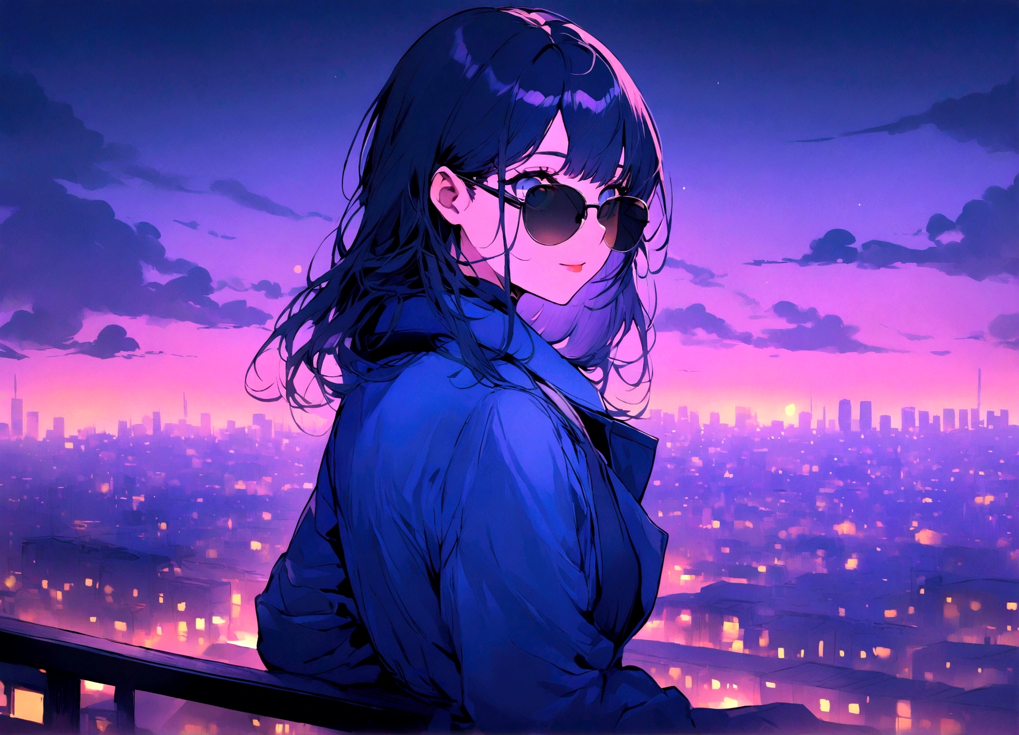 Wallpaper pictures of cool girls : Beautiful modern girl in a blue coat Wear sunglasses Behind is the cityscape in the evening. There are ling lights of the city amidst the blue, blue, and purple sky. Cool girls stand on high balconies or bridges. Looking out at the city with a confident and calm expression. The colors of the picture emphasize the dramatic tone.