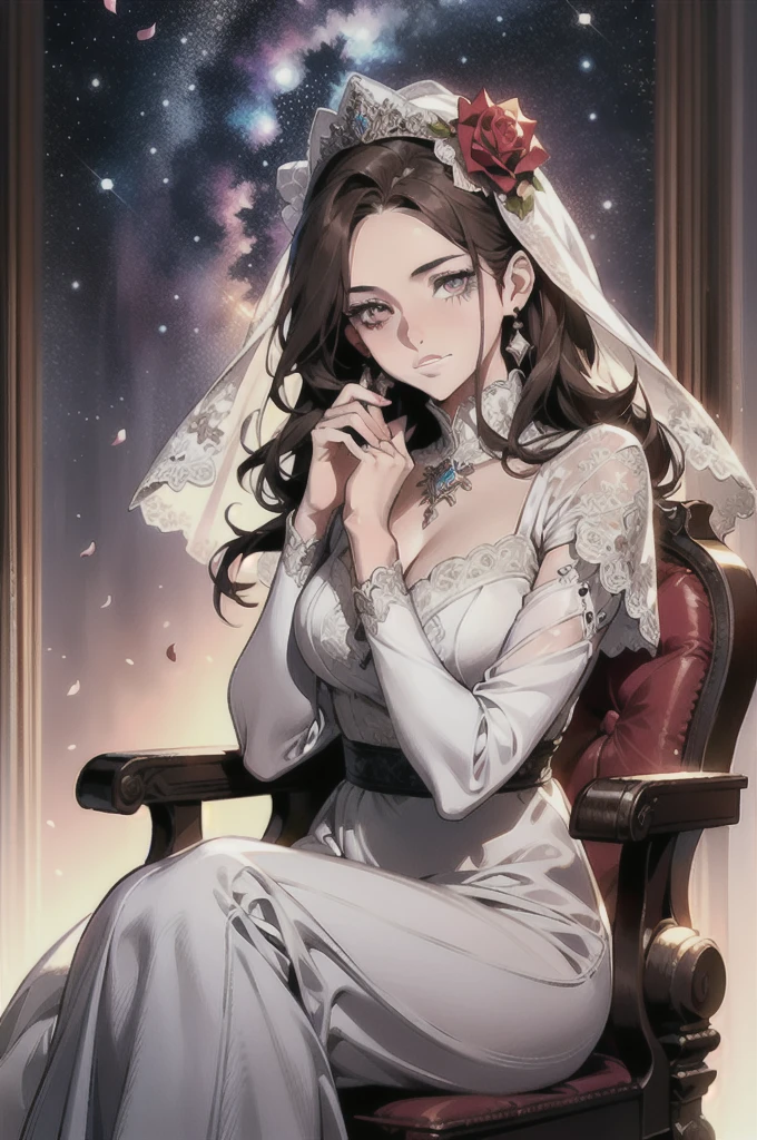 (A Masterpiece, BEST QUALITY, Highest grade, Official Art, aesthetic:1.2), (1 Mature girl(Rose):1.3), Straight long hair, brown Hair, Very fine, portrait、, Watching the viewer, one person, (fulllllbody:0.6), detailed background, crose up, Luminous eyes, Pale pink lips, soft lips, (Cold Arctic Winter theme:1. 1), wedding dress, bride, beautiful smile, Mysterious, sitting in chair, White romantic long dress,Colorful bouquets of flowers, Jewelry curtain on background, Dark mystical lighting, shadowy, Petals flutter, Starry Night, dutch angle