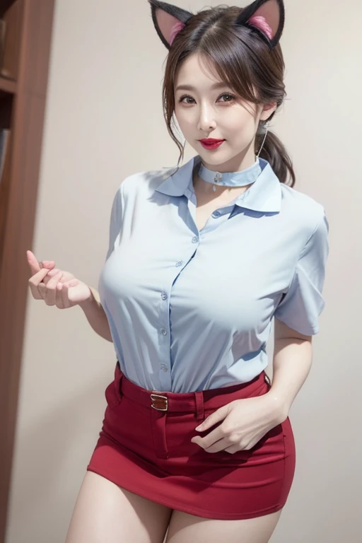 55 year old mature Japanese woman, beautiful, Sensual, Long eyelashes, Small breasts, Chubby body type, Open chest shirt, mini skirt, whole body, ((Cat ear)), Low Ponytail, Duck Mouth, collar, Red lipstick, Charismatic, Elegance, Orgasmic, Sexy posture,