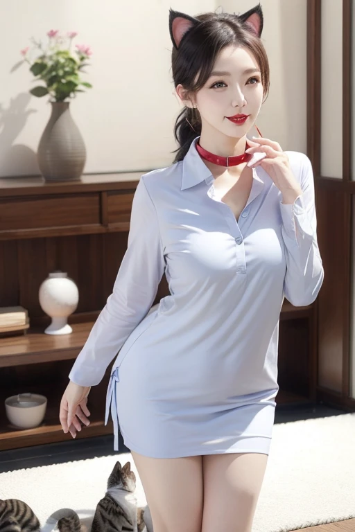 55 year old Japanese woman, beautiful, Sensual, Long eyelashes, Small breastby body type, Open chest shirt, mini skirt, whole body, ((Cat ear)), Low Ponytail, Duck Mouth, collar, Red lipstick, Charismatic, Elegance, Orgasmic, Sexe,