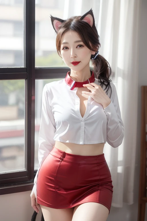 55 year old mature Japanese woman, beautiful, Sensual, Long eyelashes, Small breasts, Chubby body type, Open chest shirt, mini skirt, whole body, ((Cat ear)), Low Ponytail, Duck Mouth, collar, Red lipstick, Charismatic, Elegance, Orgasmic, Sexy posture,