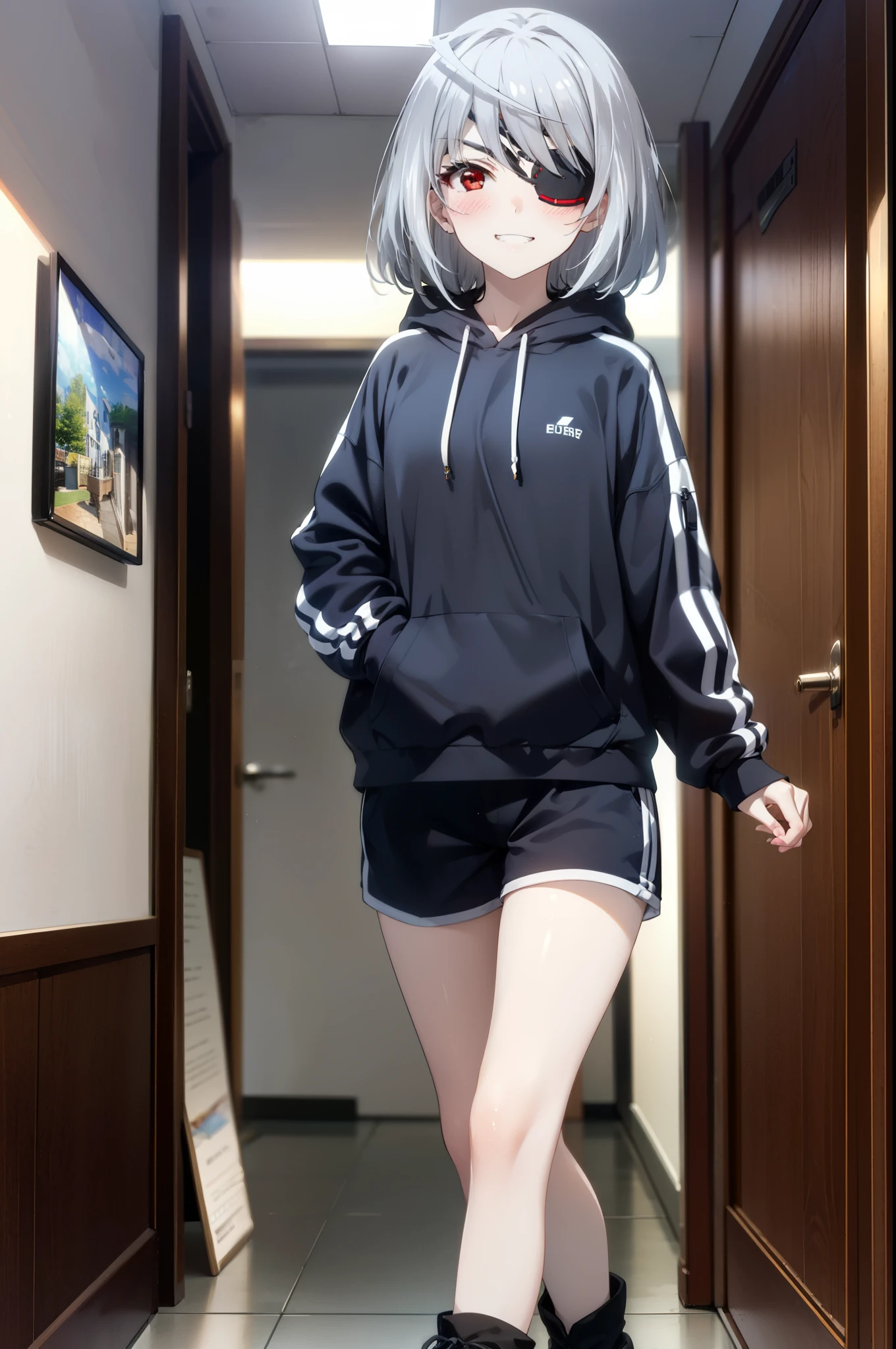 Laurabodewig, Laura Bodewig, Long Hair, (Red eyes:1.3), Grey Hair, Eye patch,smile,blush,Grin,Oversized black hoodie,Shorts,Black pantyhose,short boots,Daytime,Clear skies,Walking,whole body,
break outdoors, Building district,
break looking at viewer, whole body,
break (masterpiece:1.2), highest quality, High resolution, unity 8k wallpaper, (figure:0.8), (Beautiful fine details:1.6), Highly detailed face, Perfect lighting, Highly detailed CG, (Perfect hands, Perfect Anatomy),