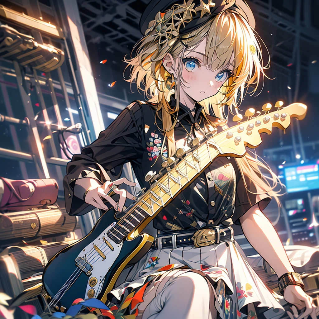 highest quality、masterpiece、Anime Girls、Brass band club、((guitar))、Serious face、Upper Body、Yellow Hair、beret