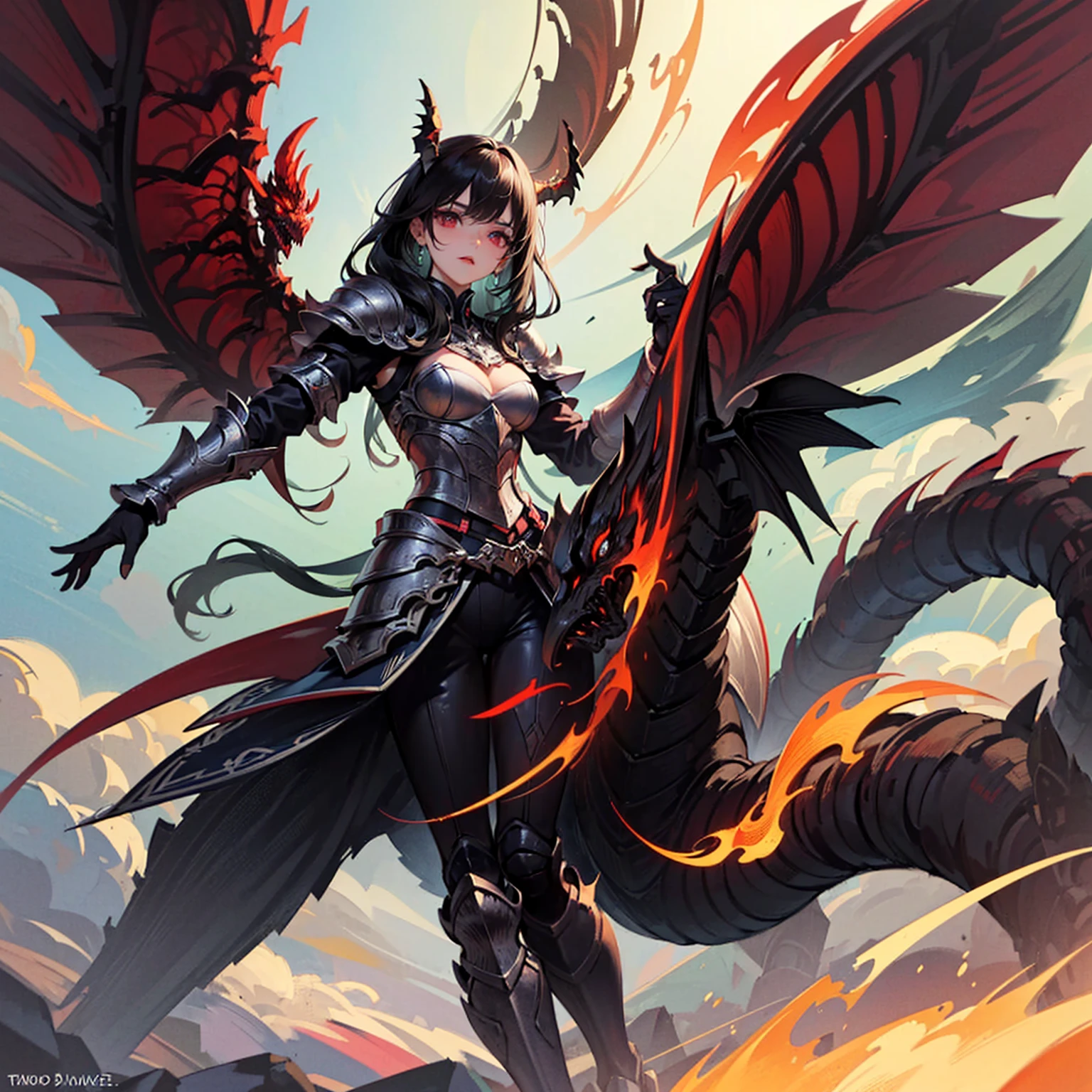 (((masterpiece, best quality, high detailed, 8k))) A breathtakingly beautiful warrior with long, flowing black hair and intense red eyes, wearing a magnificent intricate (black dragon+armor). The armor parts should be likedragon parts.