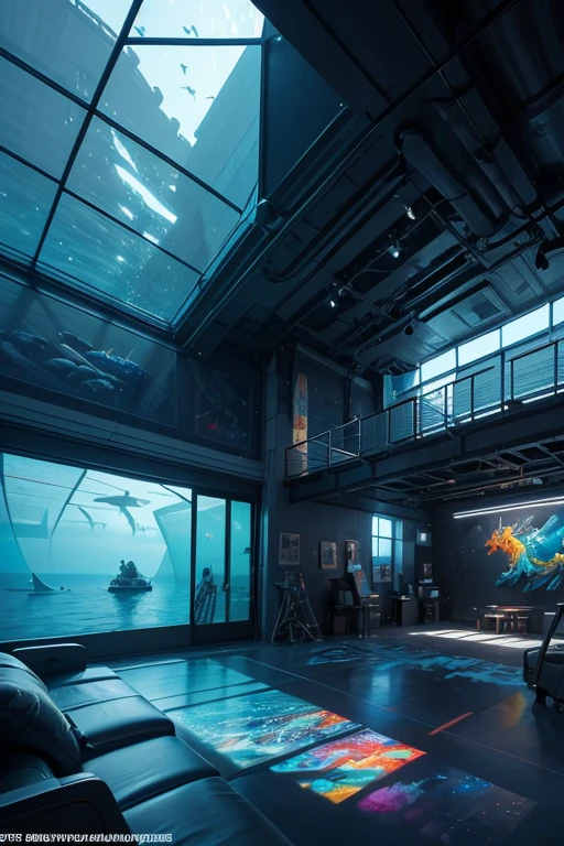 a digital painting of a futuristic underwater art studio, detailed interior with large windows overlooking the ocean, various sculptures and art installations, a group of artists working on their creations, advanced lighting and technology, vibrant colors, dynamic composition, cinematic mood, highly detailed, photorealistic, 8k, masterpiece