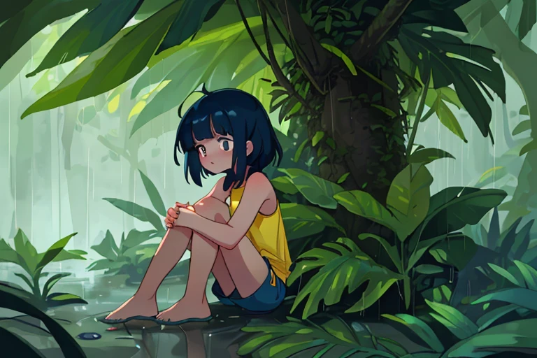 High resolution,high quality,Perfect body,Perfect Face,Perfect Fingers,Beautiful Skin,1girl,solo,In the dense jungle,Navy Blue Hair,Medium Hair,White sleeveless,Yellow shorts,Show the whole body,Anxious expression,Heavy Rain,Taking shelter from the rain under a big tree leaf