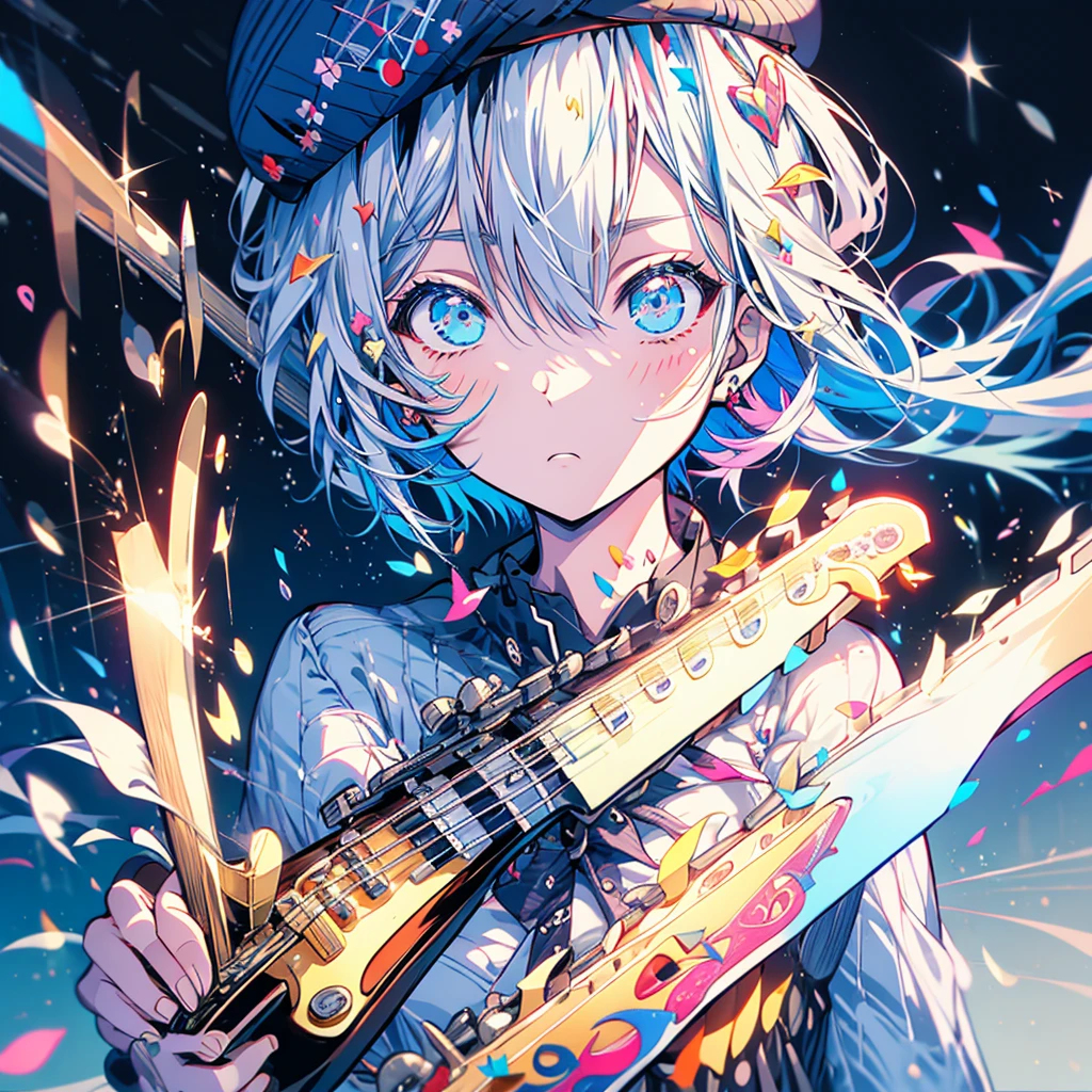 highest quality、masterpiece、Anime Boys、Light Music Club、((guitar))、Serious face、Upper Body、Milky hair、beret
