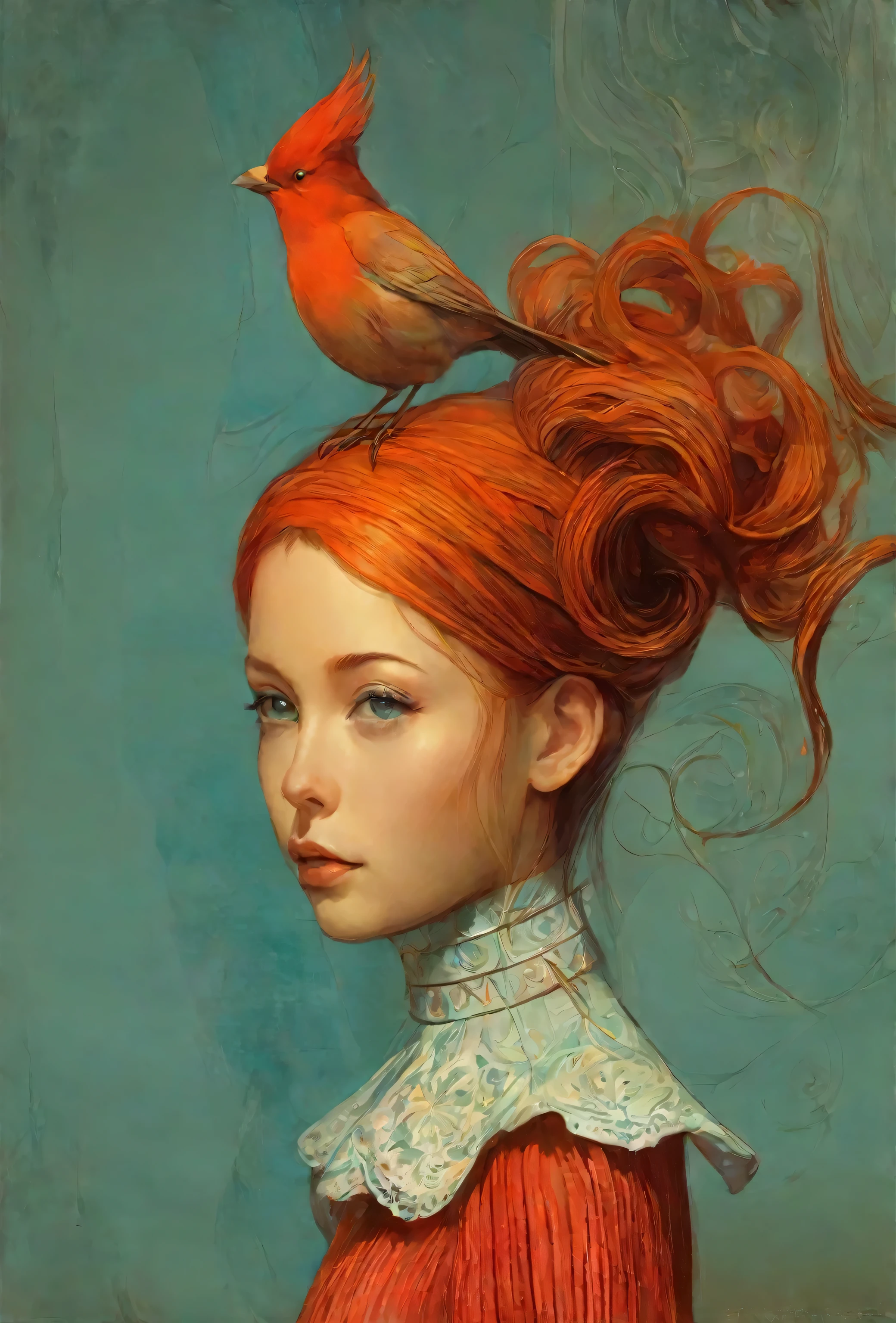 there is a painting of one with a bird on its head, a beautiful art illustration, stunning digital illustration, beautiful digital illustration, no estilo de Anna Dittmann, exquisite digital illustration, artgerm e james jean, garota de cabelo vermelho, linda arte digital, garota ruiva, linda pintura de personagem, Karol Bak e Peter Mohrbacher