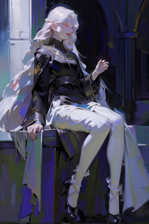 ((ultra realistic illustration:1.3)), (back view),(full body:1.3),(black clothing), Cute 18 yo (albino:1.4)woman of Slavic descent.(short:1.1), , long white hair, gray eyes, ((very pale:1.4)). Innocent look. Gentle spirit.(virgin), (joy:1.2),(smile:1.3). (Playful:1.2). Mascara, eyeglasses, necklace, jacket, blouse, ruffle dress, (black pantyhose), high heels. Masterpiece, (highly detailed:1.2),(detailed face and eyes:1.2), 8k wallpaper, natural lighting. core shadows, high contrast, bokeh.