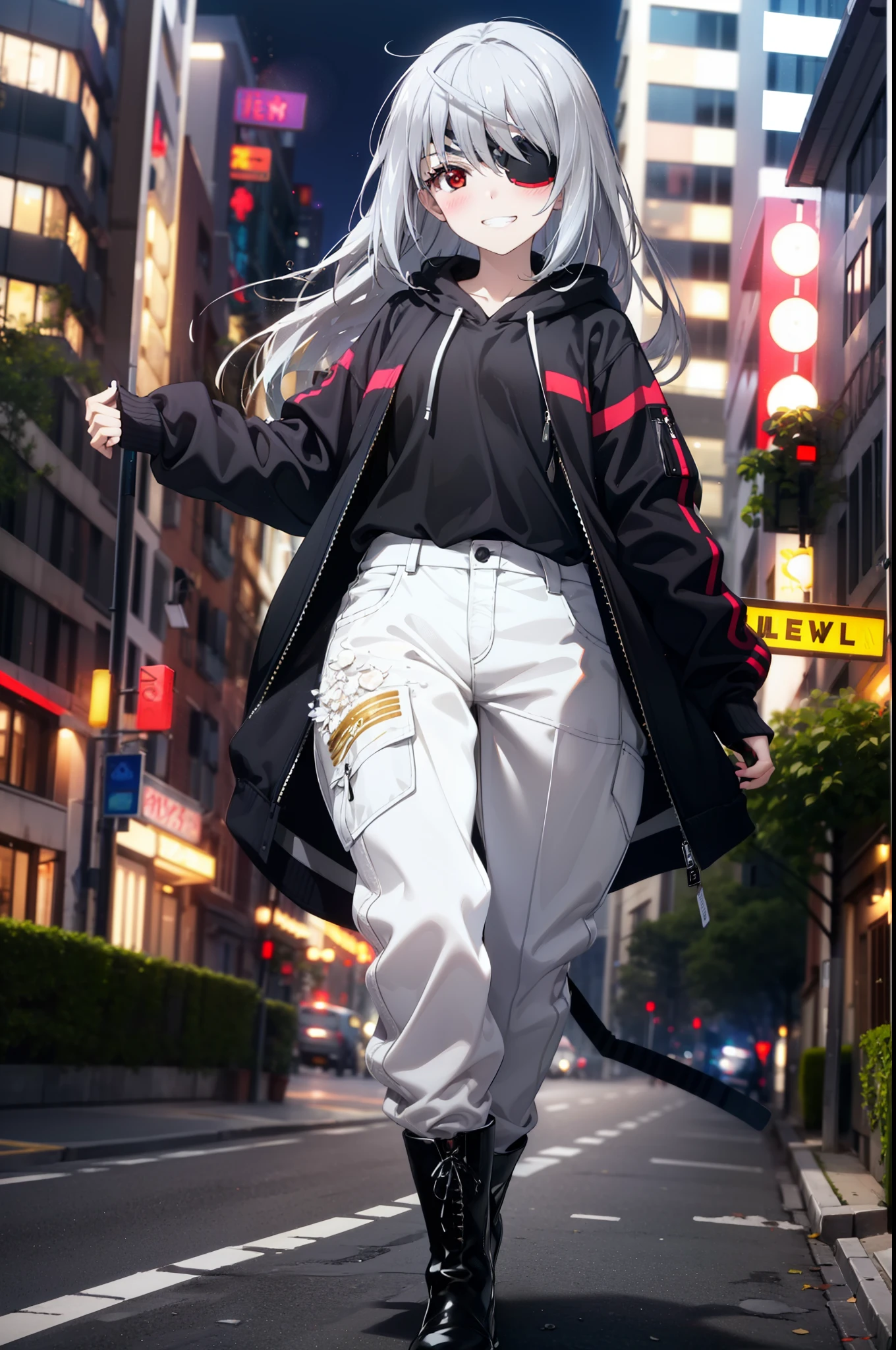 Laurabodewig, Laura Bodewig, Long Hair, (Red eyes:1.3), Grey Hair, Eye patch,smile,blush,Grin,Oversized black hoodie,Short denim,Black pantyhose,short boots,Daytime,Clear skies,Walking,whole body,
break outdoors, Building district,
break looking at viewer, whole body,
break (masterpiece:1.2), highest quality, High resolution, unity 8k wallpaper, (figure:0.8), (Beautiful fine details:1.6), Highly detailed face, Perfect lighting, Highly detailed CG, (Perfect hands, Perfect Anatomy),