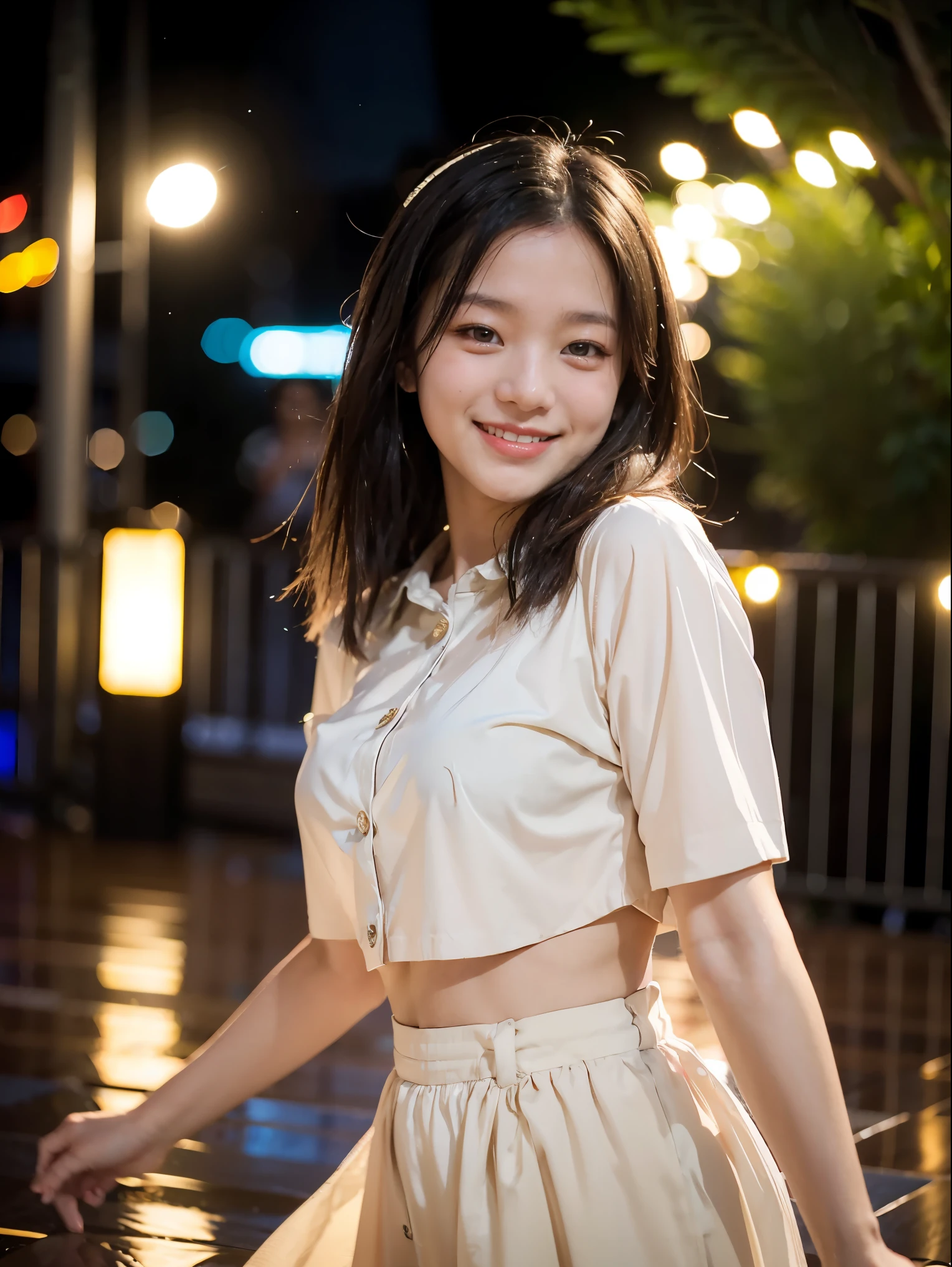 Beautiful Asian woman dancing in the rain outdoors，Smiling happily. The open-air club here is packed with people dancing around her, In the colorful lights and bokeh effects, Photo-realistic, Movie, Stills, summer scent, Shot in the style of the Sony Alpha A7 III camera - ar 2:3 --s 500 --v 6.0