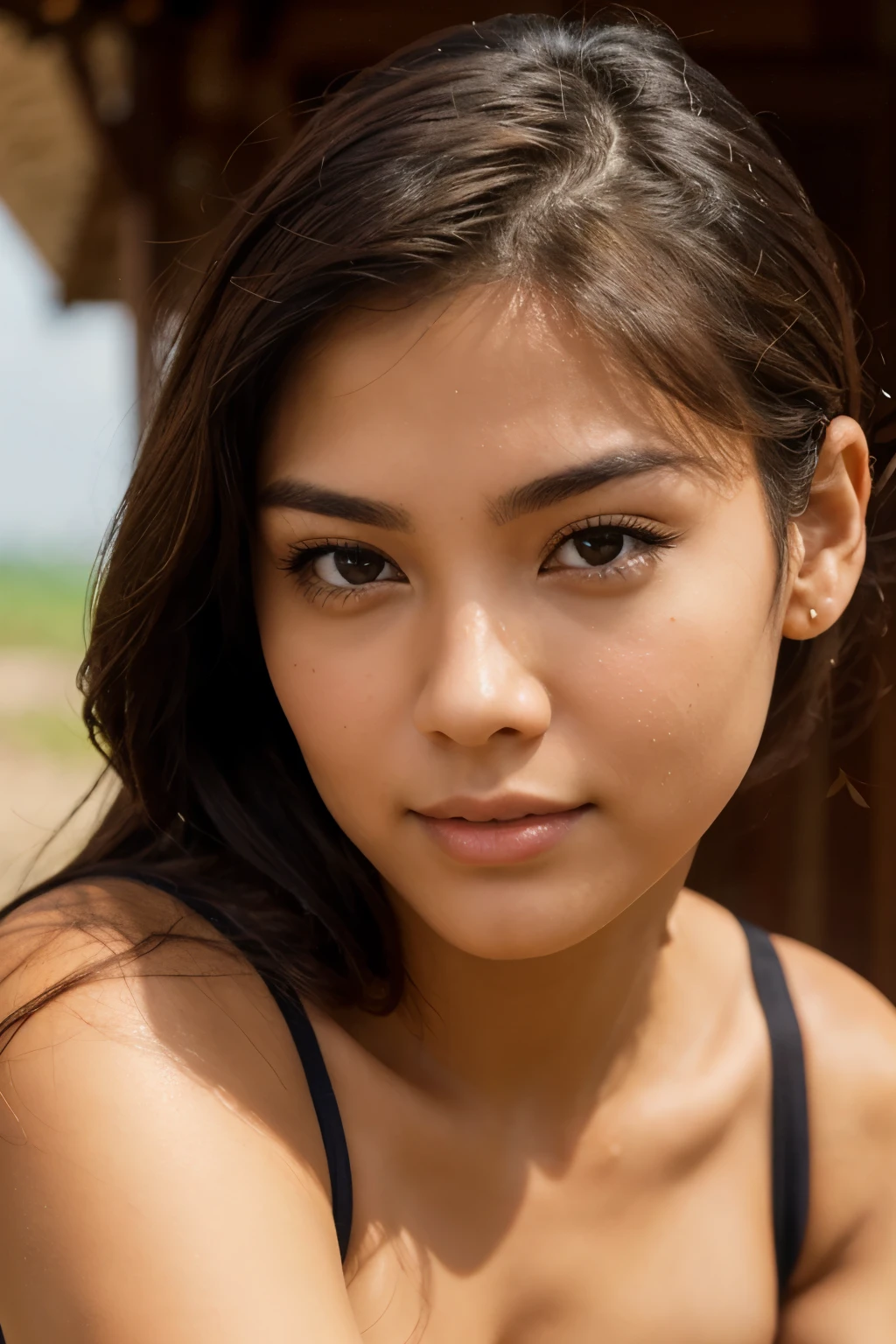23 year old woman with tanned skin with a beautiful face , slightly defined jaw with pronounced cheekbones and almond-shaped honey-colored eyes with Chinese brown hair down to below the shoulders with a weight of 60 kilos and a height of 1.60 meters very realistic photo in HD with front light and taken with a canon eos r6 camera