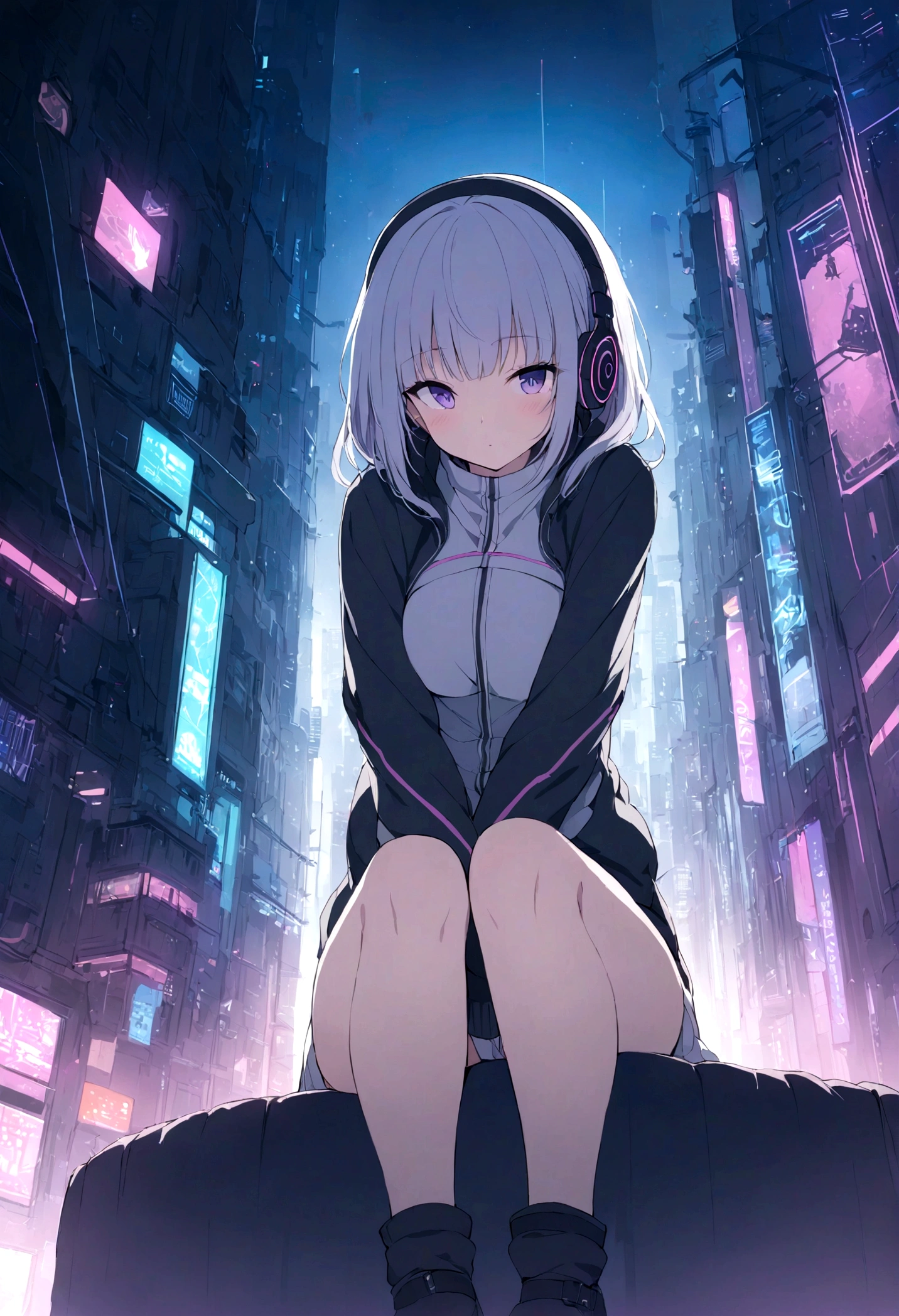 highest quality、masterpiece、night、Headphones、cyber punk、Cyber City、One Girl、Sitting on high ground、Mid Shot、High Position