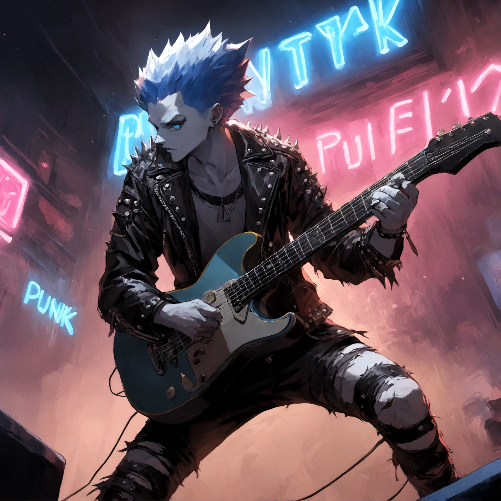 a white werewolf with blue eyes wearing a punk outfit playing the lead guitar in a band, has blue mowhawk, has leather patched jacket, wearing torn boots, shredding on guitar, many multi colored neon lights