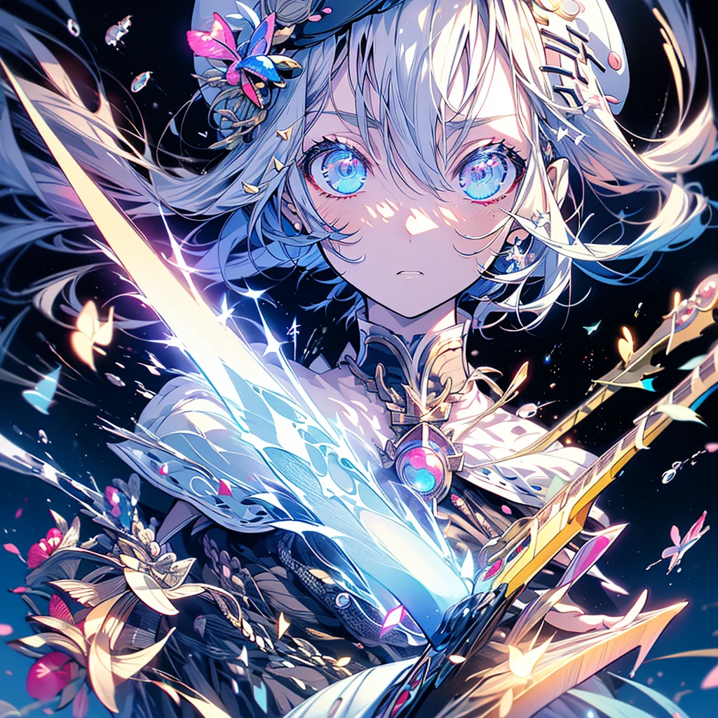highest quality、Masterpiece、Official Art、The best composition、Anime Girls、Light Music Club、((guitar))、Serious face、Upper Body、Milky hair、beret、Musical note fractal art、