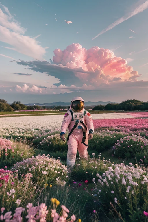 An astronaut walks in a sea of flowers filled with pink clouds.，