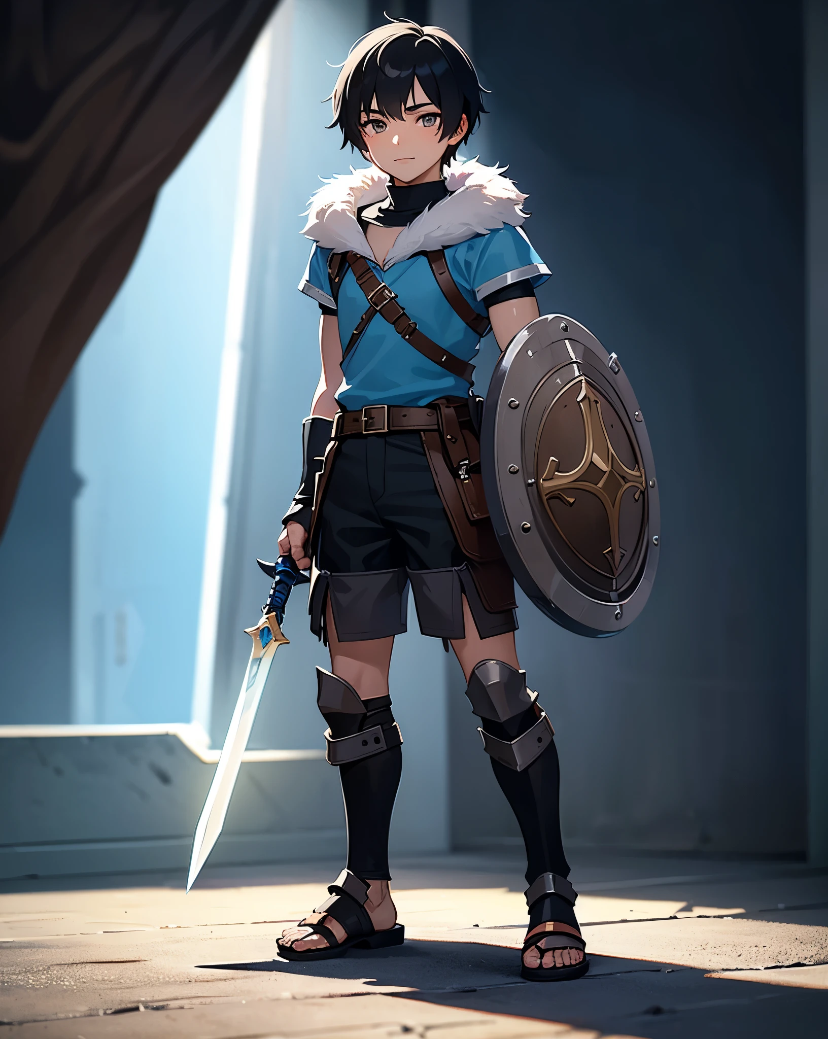 Young Teen boy with black hair and brown eyes, innocent and happy, dressed in short neon-blue medieval barbarian clothes, fur shorts, light-blue battle armor, weilding silver sword and shield, sandals; fullbody; short hair, boyish muscular, sexy, 13-years-old