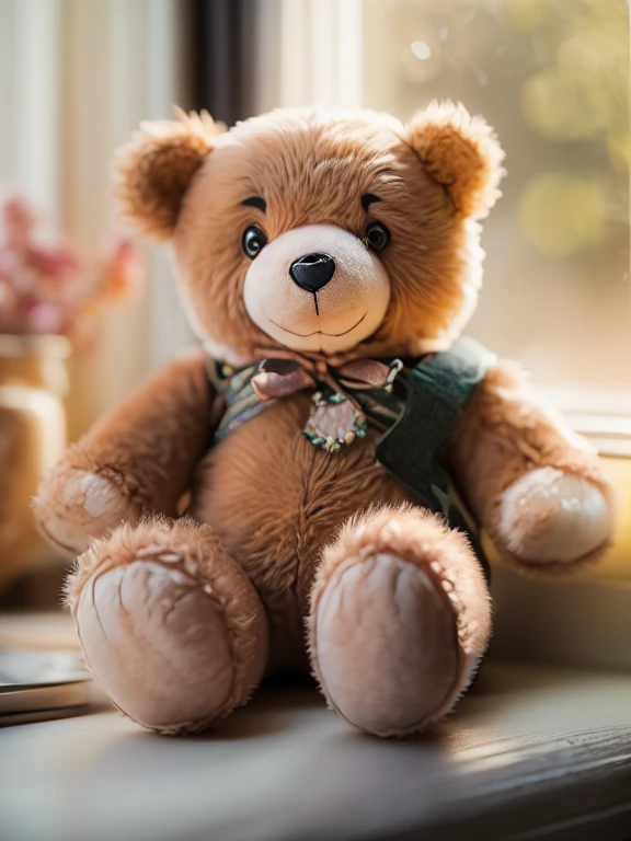 (Style - Depth of Field:1.4) Teddy bear product photo, morning light shining through the window, (prospect:1.3),  (masterpiece) (highest quality) (detailed) (Complex)、duffy、cute、smile