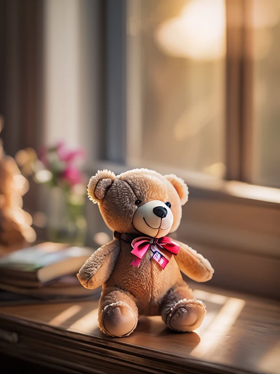 (Style - Depth of Field:1.4) Teddy bear product photo, morning light shining through the window, (prospect:1.3),  (masterpiece) (highest quality) (detailed) (Complex)、duffy、cute、smile