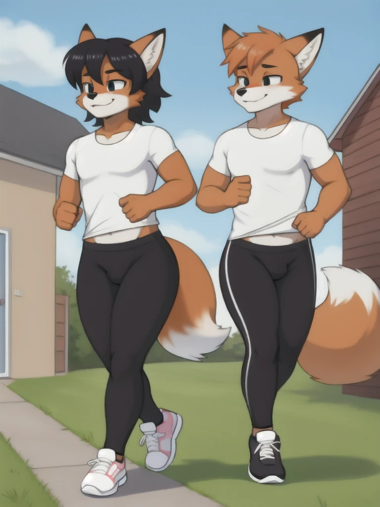 Furry, fox, male, twins, black leggings, white shirt, jogging outside the house, 