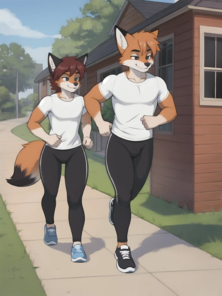 Furry, fox, male, twins, black leggings, white shirt, jogging outside the house,