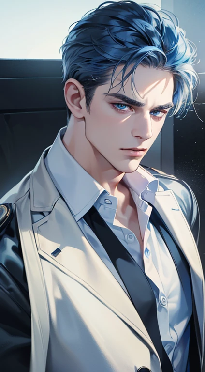 (best quality, masterpiece, 8K, photorealistic, cinematic lighting, 1:4 hdr image, ultra detailed, beautiful image), a mature man, 34 years very handsome, ((cold expression)), short blue hair, blue eyes, face perfect without mistakes, ((buttoning his jacket, CEO))