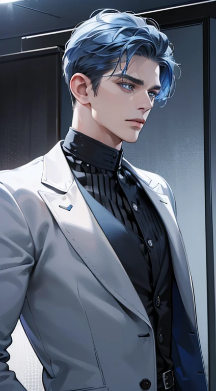 (best quality, masterpiece, 8K, photorealistic, cinematic lighting, 1:4 hdr image, ultra detailed, beautiful image), a mature man, 34 years very handsome, ((cold expression)), short blue hair, blue eyes, face perfect without mistakes, ((buttoning his jacket, CEO))