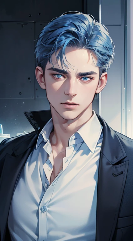 (best quality, masterpiece, 8K, photorealistic, cinematic lighting, 1:4 hdr image, ultra detailed, beautiful image), a mature man, 34 years very handsome, ((cold expression)), short blue hair, blue eyes, face perfect without mistakes, ((buttoning his jacket, CEO))