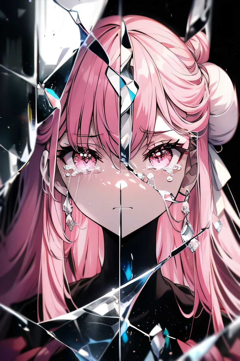 anime,silhouette,One girl, star (null), cloud, cityscape, building, city, Outdoor, nullscraper, city lights, night, night null, sunset, nullline, (Hair Ribbon:0.4),(((White bun hair))),(((Long pink hair))),(((Lonely face))),(((Tears))),(((Breaking the glass))),(((Pink glass))),(((pink々Glass))),(((The entire glass breaks))),