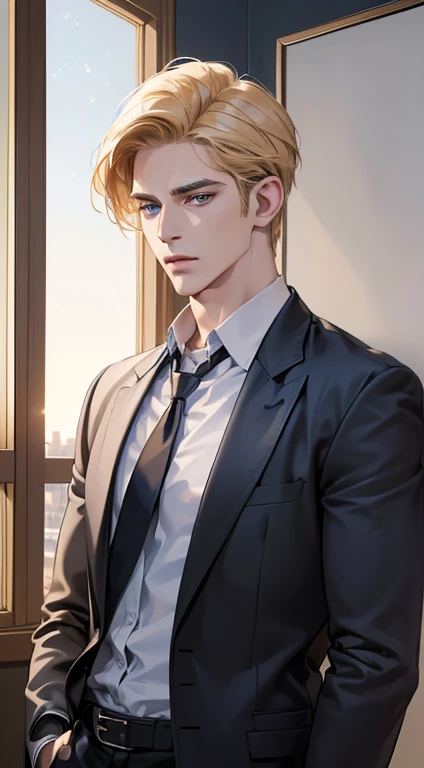 (best quality, masterpiece, 8K, photorealistic, cinematic lighting, 1:4 hdr image, ultra detailed, beautiful image), a mature man, 34 years very handsome, ((cold expression)), short golden hair, blue eyes, face perfect without mistakes, ((buttoning his jacket, CEO))