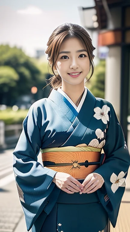 front view, Full body , from front view, . on road, Tokyo city, looking at viewer, Japanese Girls ,(20-year-old),(Detailed face, Beautiful Eyes, chignon ,Light brown hair, Faint lips, little smile), (Middle chest, Slender Hoist, Middle Hip, Little public hair),(Japanese kimono:1.3) , Set-tea、standing, (masterpiece, highest quality, High resolution, Photo realistic, sharp, RAW Photos, 8k wallpaper, perfection, Professional Lighting, Very detailed),