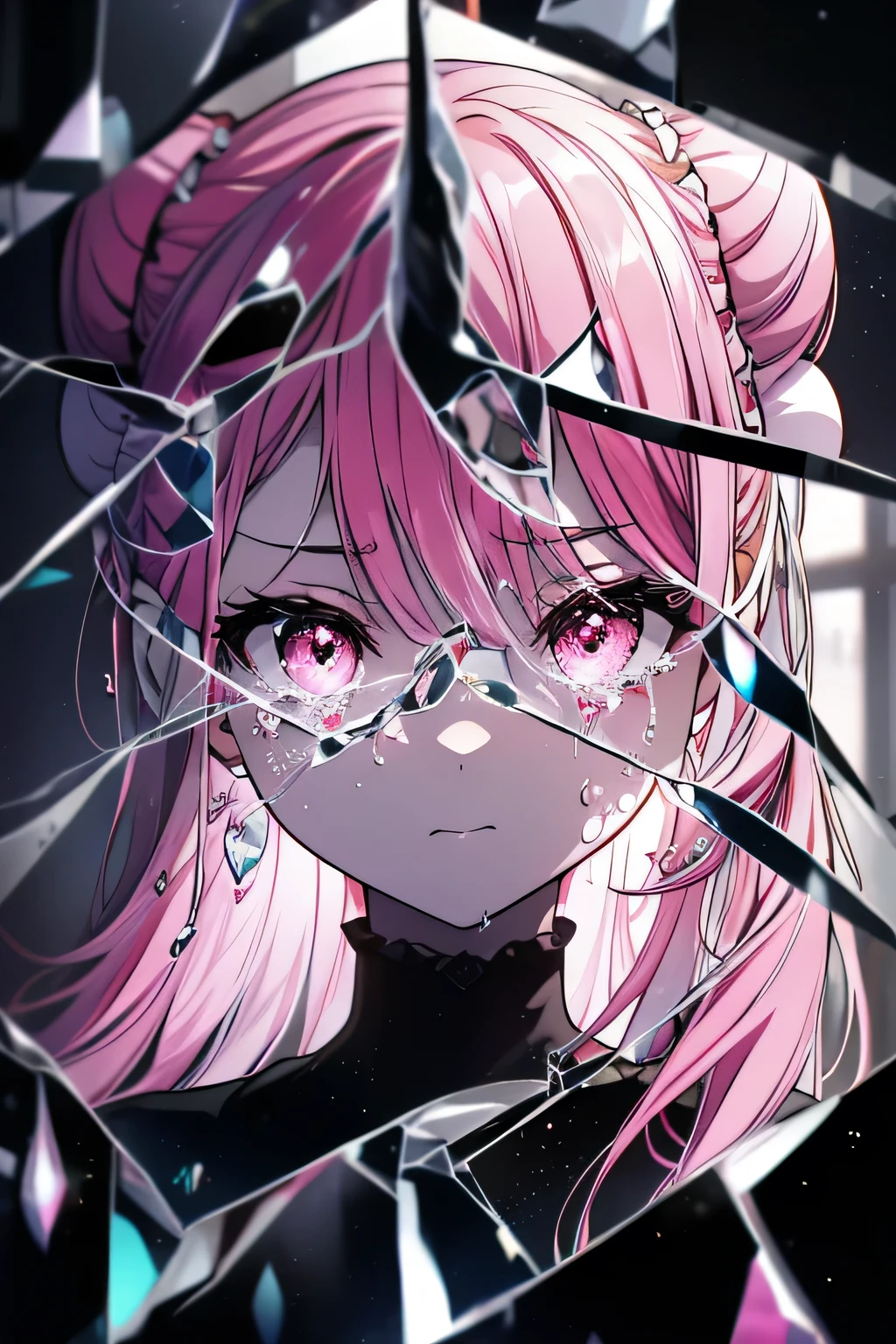 anime,silhouette,One girl, star (null), cloud, cityscape, building, city, Outdoor, nullscraper, city lights, night, night null, sunset, nullline, (Hair Ribbon:0.4),(((White bun hair))),(((Long pink hair))),(((Lonely face))),(((Tears))),(((Breaking the glass))),(((Pink glass))),(((pink々Glass))),(((The entire glass breaks))),